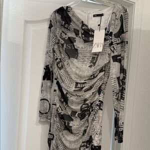 Zara New Monochrome Text Print Long Sleeve Dress Newspaper